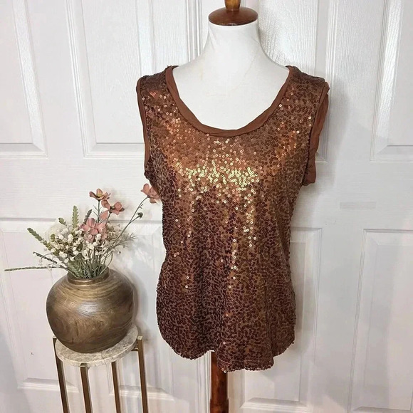 New York & Company Tops - New York and Co Womens Brown Rust Sequin Tank Top Sz L Holiday Glam Disco Party
